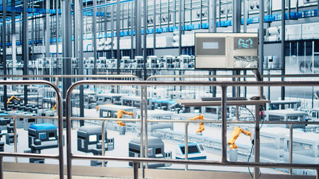 Monitor displaying industrial analytics dashboard for Industry 4.0 photovoltaics plant equipment. Solar panels smart factory display visualizing robotic arms performance and metrics from sensor dataの写真素材