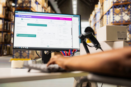 African american worker with disability uses airway bill numbers for tracking info on software, monitoring the order parcel status in a distribution hub. Managing shipment operations.の写真素材