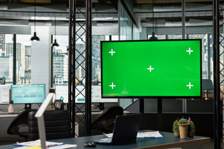 Empty dynamic space in a multinational company with isolated laptop screen, setup for successful business professionals to work with data and explore insights. Strategic development goals.の写真素材