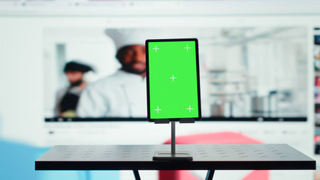 Chroma key tablet and online dashboard presenting trending entertainment videos. Isolated screen device in front of visualization of streaming technology supporting instant media sharingの写真素材