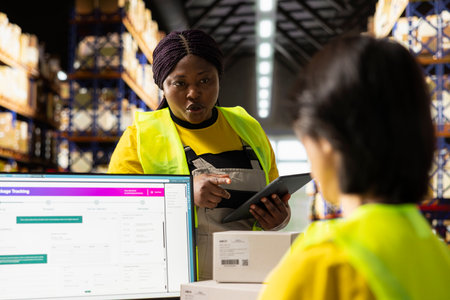 Diverse warehouse staff examining awb shipping details on monitor, ensuring express delivery by looking at the tracking info on software. Processing orders in a fulfillment center.の写真素材