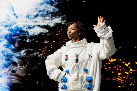 Happy cosmonaut seeking extraterrestrial life on Mars dancing from joy, delighted after landing. Jolly woman doing Martian surface research, ecstatic after making scientific discoveryの写真素材