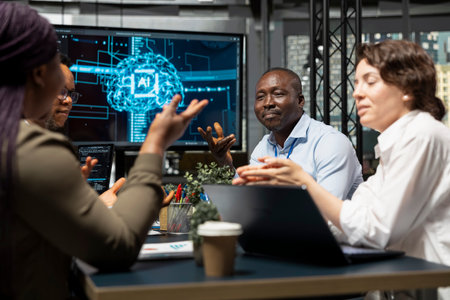 Admins doing brainstorming, developing AI software in startup office, designing coding solutions together. IT coworkers optimizing technical performance using artificial intelligence during meetingの写真素材