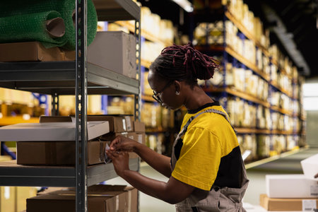 African american female applying shipping labels stickers on packages in warehouse, handling inventory and order processing with awb tags. Online shopping large business storehouse.の写真素材