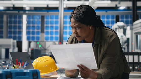 African american industrial inspector in solar energy reviews data on papers, inspecting production line and manufacturing process. Woman expert oversees plant performance. Camera B.の写真素材