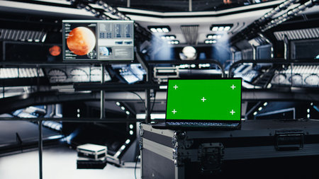 Mockup notebook used for orbital navigation data in cockpit during red planet journey. Green screen laptop used for operating spacecraft control interface next to monitor displaying Mars dashboardの写真素材