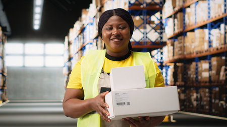Black woman managing the order fulfillment process by checking packages in a large business depot filled with racks. Employee oversees operations for retail e-commerce express delivery. Camera B.の写真素材