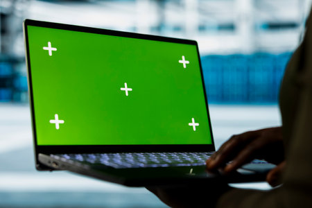 Close up of data center developer using isolated screen laptop to troubleshoot backend operations. Server hub manager running software development tools on mockup notebook, resolving system crashesの写真素材