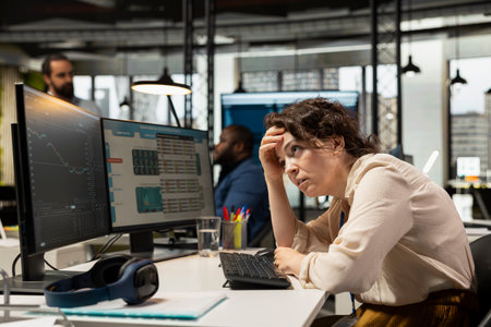 Stressed business professional worries about decreasing stock market trends, price drop creates a financial crisis within the multinational company. Struggling for organizational growth.の写真素材