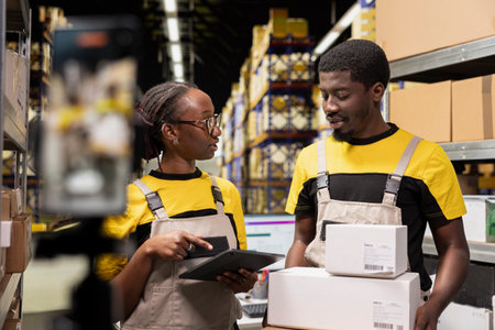 E-commerce team recording commercial ad in organized retail warehouse, promoting express delivery and product details. African american staff presenting efficient distribution zones.の写真素材