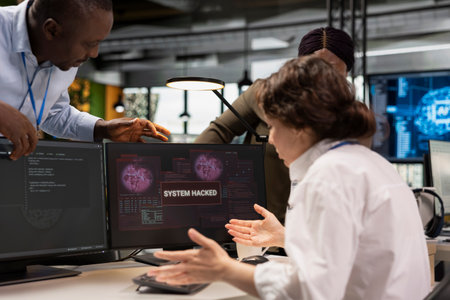 Panicked woman in office requests help from colleagues to block hacker intrusion. Intern assisted by cybersecurity experts coordinating incident response for ddos attackの写真素材
