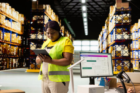 African american female does inventory check and tracking order shipment logistics, supply chain operations with packages. Worker handles e-commerce details near depot storage racks.の写真素材