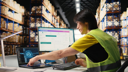 Asian warehouse worker uses AI virtual assistant to help manage inventory, scanning barcodes to update shipping labels and deliver accurate order processing. Online shopping activity. Camera A.の写真素材