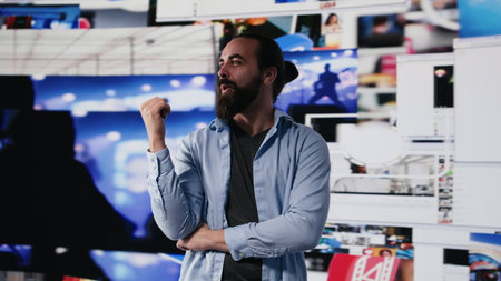 Casual person admires the user interfaces on social media apps, connecting with a global audience through mobile technology. using digital tools for storytelling or entertainment. Camera A.の写真素材