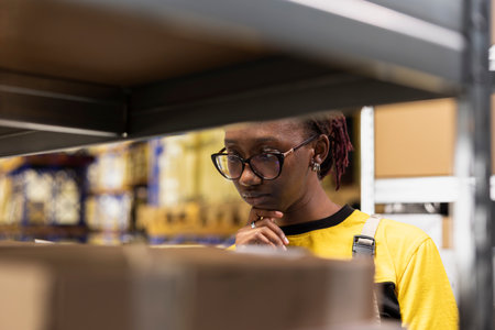 Warehouse clerk ensuring all packages have tracking numbers tags for seamless parcel distribution, overseeing storage protocols. Logistics planning for smooth dispatch cargo movement.の写真素材