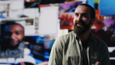 Social media influencer uses innovation and tech tools to boost engagement, being confident and proud about establishing a unique brand voice across platforms. Multitasking. Camera A.の写真素材