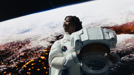 Amazed orbital station astronaut surprised by beauty of planet in space, using AR tech. Elated cosmonaut using augmented reality astonished by galaxy celestial bodies, rotating 360 degrees, camera Bの写真素材