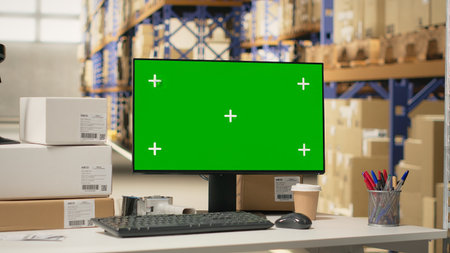 Empty warehouse with mockup display on computer monitor, ideal for logistics or tracking software or...