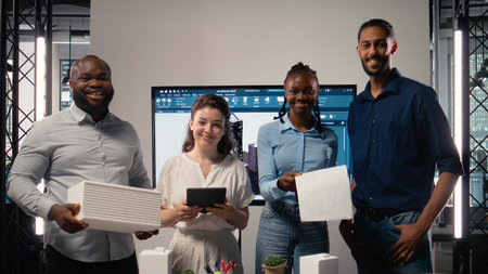 Portrait of multiethnic experts in real estate during collaborative meeting, analyze zoning regulations and site master plan for a property redevelopment project for infrastructure growth.の写真素材