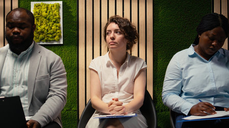 Scared impatient woman applicant getting extremely nervous and agitated while she waits in the queue...