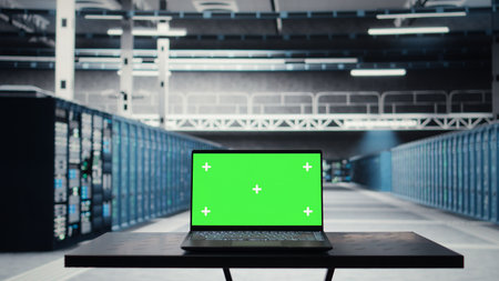 Isolated screen laptop in data center used for doing maintenance on infrastructure, improving...
