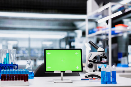Isolated screen tablet in empty lab used by researchers to document clinical trial outcomes and research report. Mockup device in laboratory used for registering sample statistics in databaseの写真素材