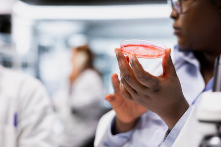 Assay development specialist in laboratory examining mold spores on petri dish surface. Research facility professional monitoring fungal growth patterns in container for biological study, close upの写真素材