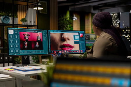 Graphic developer working with photo editing software at the office, digital media production with professional tools. Dual monitors for productivity in the graphic design industry.の写真素材