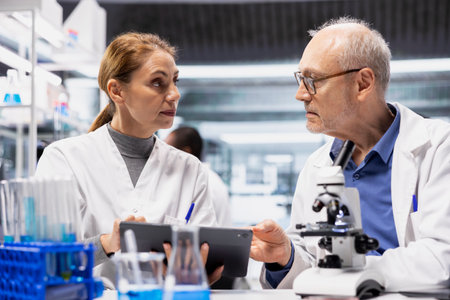 Senior bioinformatics scientist in lab working with assistant to document clinical trial outcome. Elderly man and coworker collaborating in lab to updating database systems using tabletの写真素材