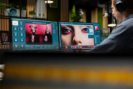Graphic developer working with photo editing software at the office, digital media production with professional tools. Dual monitors for productivity in the graphic design industry.の写真素材