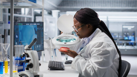 Woman scientist studying Petri dish in modern laboratory with a pathology investigation, molecular...