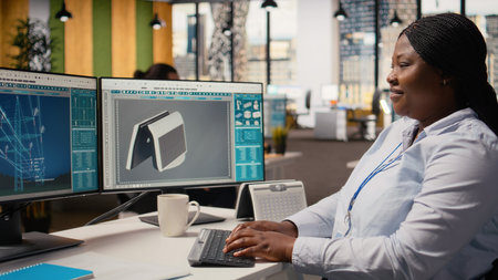 Product developer in office using advanced solar cell technology to create green energy based...