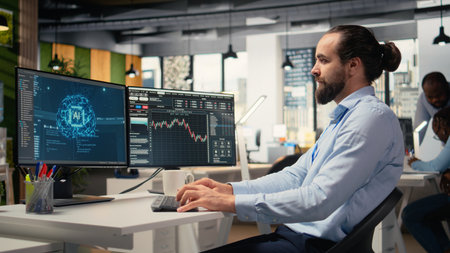 Risk analyst using artificial intelligence to assess stock market volatility. Portfolio manager...