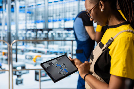 Female engineer using tablet to monitor solar panel factory operations. African American technician...