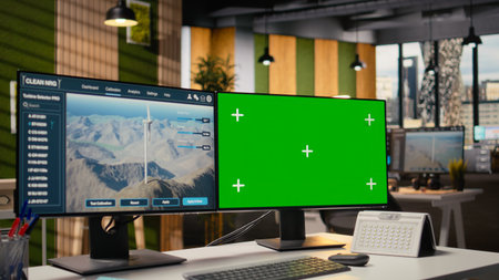 Wind turbine CAD design software on green screen computer used for sustainable energy research in...