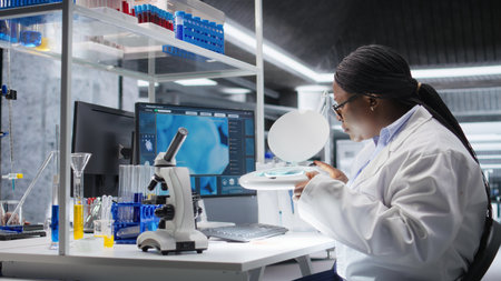 Black scientist examines Petri dish with magnifying glass in modern lab, bacteria growth and...