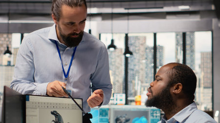 Manager overseeing engineer using CAD app to optimize wind turbine design, reducing carbon...