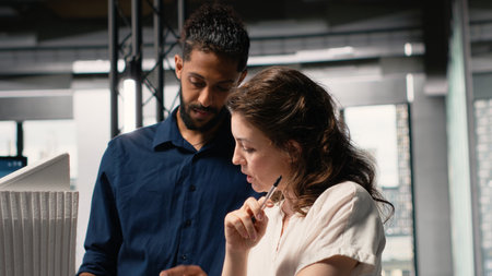 Diverse real estate team creating the layout for a residential area, simulating site preparation with 3D models before the project approval. Modern infrastructure city planning.の写真素材