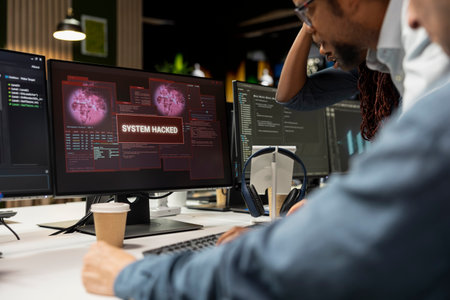 Team of technicians in office working together to fix hacking attempt on corporate network. IT staff members investigating unauthorized access alerts, brainstorming ways to mitigate damagesの写真素材