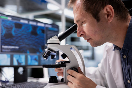 Male scientific expert in chemistry lab uses optical instrument and tray to investigate samples. Observation tool supports genetics and biotechnology innovations with a microscope.の写真素材