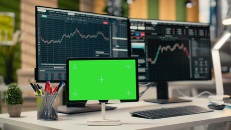 Stock market metrics charts displayed on isolated screen tablet in investment firm office....