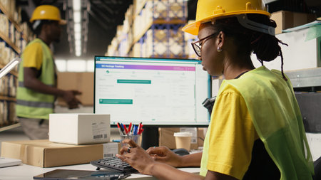 African american warehouse clerk overseeing package route to update tracking info in real time on computer software, working with hi vis vest and helmet in the fulfillment center. Camera A.の写真素材