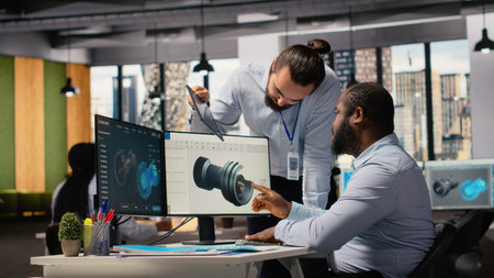 Team of technicians working together to upgrade turbine parts to maximize sustainability. Colleagues doing brainstorming to refine blade aerodynamics, boosting green energy output, camera Bの写真素材