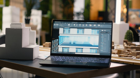 Minimalist corporate office designed for real estate planning, where developers discuss property...