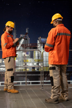 Offshore platform crew using tablet to oversee drilling operations during night shift. Drilling...