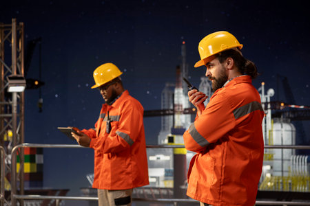 Drilling barge engineer coordinating remote team tasks using portable radio system. Man speaking into walkie talkie microphone, manage logistics on maritime offshore platformの写真素材