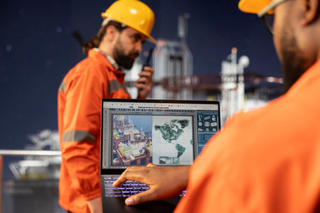 Close up of offshore platform technician uses laptop software to review geological survey data and do digital mapping. Drilling rig worker evaluates seabed topography maps for site assessment planningの写真素材