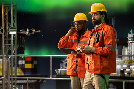 Drone piloted by drilling ship engineering team coworkers to monitor external pipeline conditions....