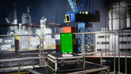 Vertical green screen tablet on empty oil rig connected to a dashboard, monitoring calibration,...