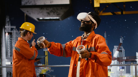 Black engineer with VR goggles supervises offshore drilling operations, using immersive virtual reality equipment for training and maintenance. Safety visualization on oil rig deck.の写真素材
